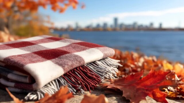 Plaid blanket autumn leaves and cityscape outdoor scenic still life