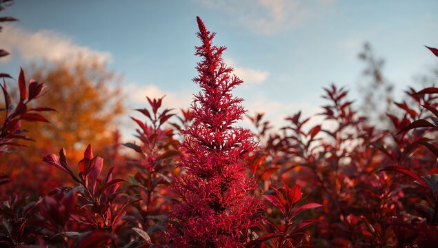 Red foliage contrasting with the sky, seasonal change