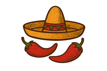 Mexican sombrero hat and spicy red chili peppers with vintage grunge texture