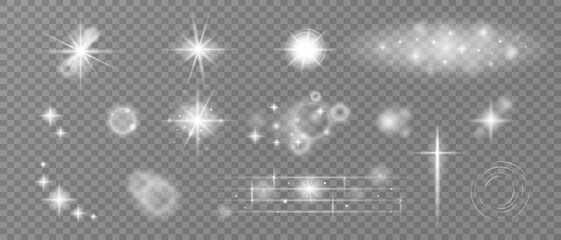 Set of light effects. Sparkles, glints, bokeh, and lens flares on a transparent background. Isolated design element for overlay. © Daria