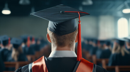 Graduate looking forward to a bright future with classmates in graduation gowns at convocation ceremony, celebrating academic success and achievement