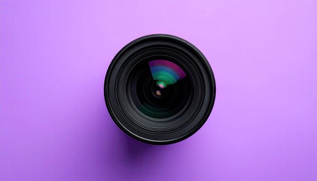 Close up top view of a black camera lens with colorful reflections on a vivid purple background capturing photographic light spectrum detail