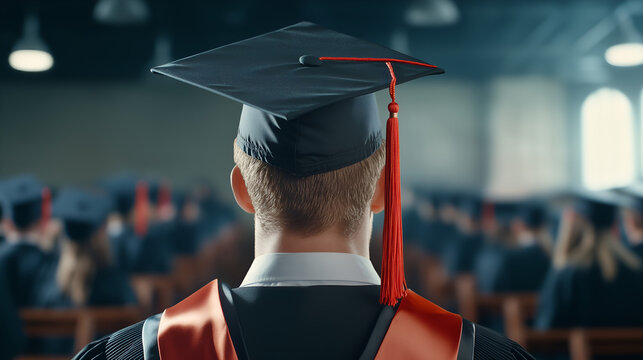 Graduate looking forward to a bright future with classmates in graduation gowns at convocation ceremony, celebrating academic success and achievement