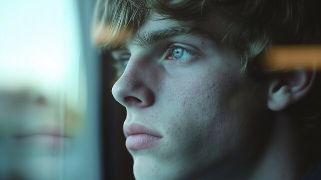 A young boy gazes thoughtfully out the window, reflecting in the glass. The boy's calm expression and the soft light create a serene atmosphere in this intimate moment. - Powered by Adobe