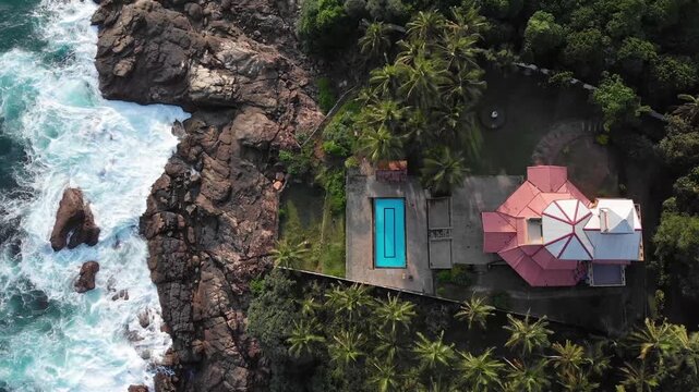 Aerial View of Hiriketiya Beachfront House with Pool In Sri Lanka 4k