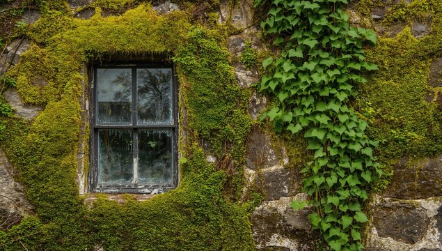 Moss and green vines envelop an aged structure, showcasing a sustainable architecture approach