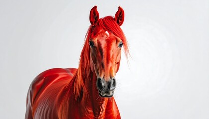 Digitally altered red horse facing forward on gray background