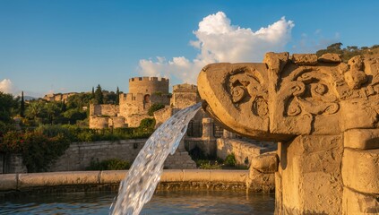 Typical Sicilian Fountain with water and sky, urban density