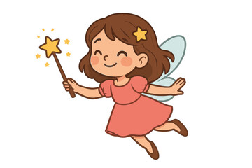 Adorable cartoon fairy girl flying through the night sky with a magic wand and sparkling stars