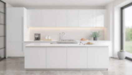 Fototapeta premium Minimalist kitchen featuring white cabinets, soft background focus, ideal for modern interior design themes
