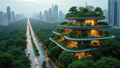 Modern eco friendly building with green roof, walls. Sustainable cityscape with futuristic architecture. Urban landscape with trees, vegetation. Road with cars, city skyline in background. Green