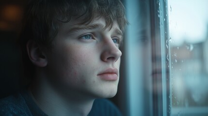 A young boy stares out the window, watching the raindrops cascade down the glass with curiosity. The boy's thoughtful gaze reflects on the calmness of the rainy day outside. © maxximmm