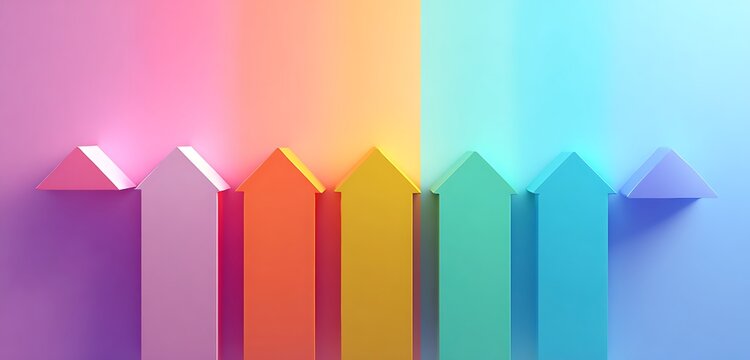 A series of geometric arrows in bright colors, placed on a vibrant gradient background, HD camera shot