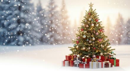 Obraz premium Decorated christmas tree with gifts isolated on white background