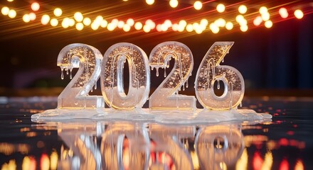 Melting ice sculpture of the year 2026 reflecting festive lights on a dark surface