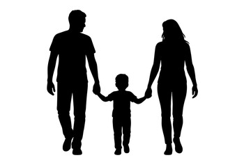 Full length silhouette of a happy family walking together holding hands against a clean white background