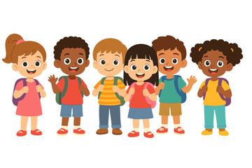 Diverse group of happy elementary school students wearing colorful backpacks and waving hello
