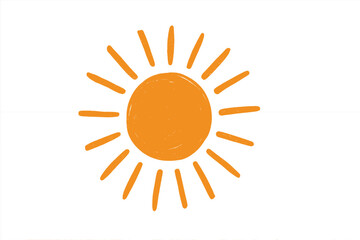 Simple hand drawn orange sun symbol with radiating rays isolated on white background