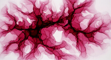 Abstract watercolor painting with deep red and pink hues, resembling organic structures or cellular patterns