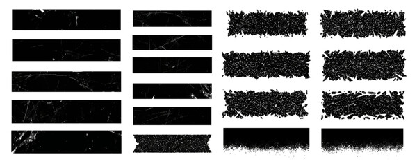 Extensive collection of black horizontal grunge vector banners and distressed elements with rough edges and scratch texture.