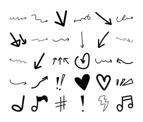 Hand drawn doodle elements arrows hearts music notes symbols and scribbles