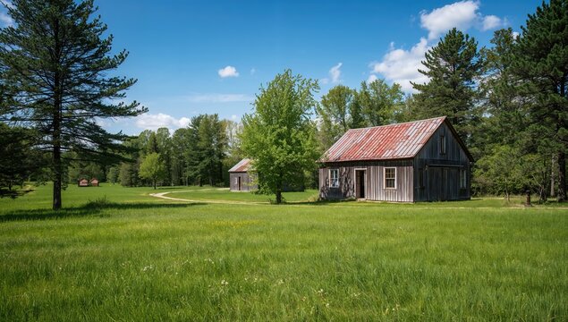 Old rural houses alongside a road, bordered by towering pine trees, highlighting preservation