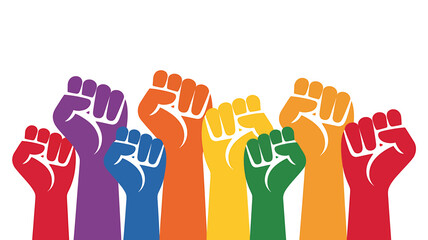 Rainbow colored raised fists vector symbol for unity and protest