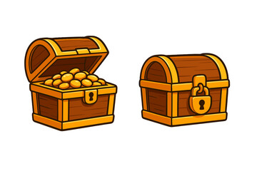 Wooden treasure chests set, one open and filled with gold coins, one closed with a padlock