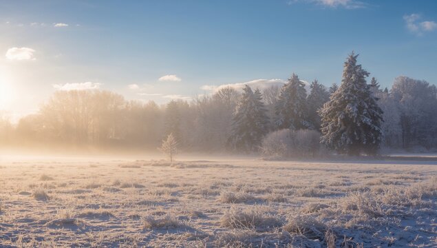 Morning winter scene with frosty landscape, highlighting seasonal change