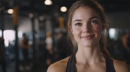 A young woman stands in a gym, focusing on her exercise routine while surrounded by other athletes. The gym atmosphere is lively, filled with energy and determination from everyone