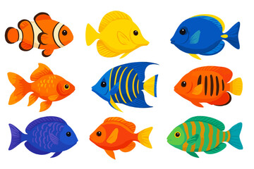 Naklejka premium Vibrant assortment of tropical fish characters isolated on white background