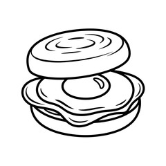 Hand drawn black and white illustration of sandwich consisting of two buns and fried egg
