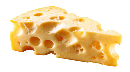 Fresh piece of Swiss cheese with characteristic round holes showcasing classic dairy texture perfect for cooking, culinary, nutrition and food concepts isolated on white background
