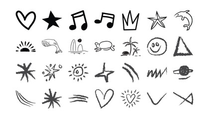 Collection of hand drawn doodle icons and symbols on white background