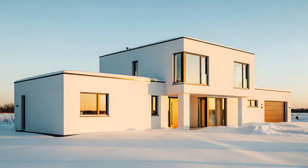 Modern white house with large windows in a snowy landscape during sunset, showcasing contemporary architecture and a serene winter atmosphere