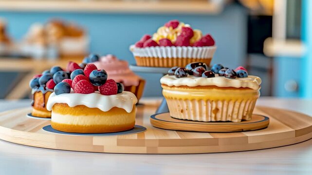 Exquisite Sweet Treat: A captivating tableau of assorted desserts, each a miniature work of art, adorned with vibrant berries, on display.