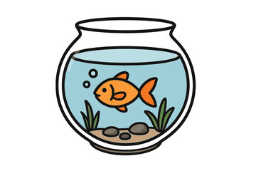 Cute orange goldfish swimming in a small glass fishbowl with aquatic plants