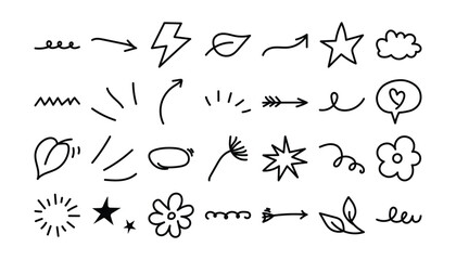 Obraz premium Hand drawn doodle elements like arrows stars flowers and lightning bolts