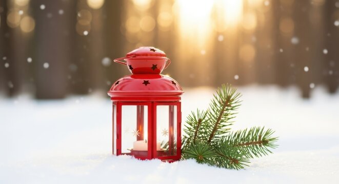 Red lantern and pine branch in snowy forest isolated on white background