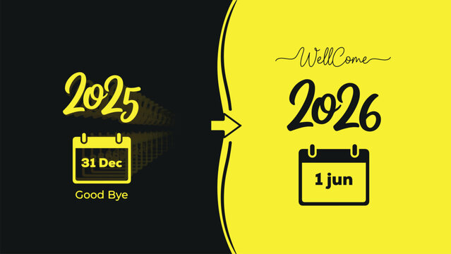 A bold, two-tone graphic illustrating a time transition from 2025 (31 Dec) to 2026 (1 Jun). The inconsistent dates and misspelled text make it suitable only for design concept tutorials.