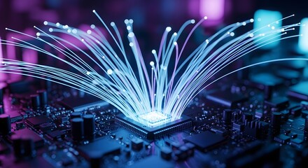Illuminated fiber optic cables emerging from a central processing unit on a circuit board in blue light