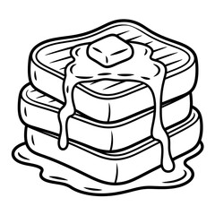 Stack of cartoon pancakes with butter and syrup flowing down in doodle style illustration