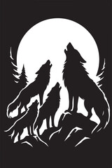 Striking wolf pack silhouette howling at the moon silhouette vector