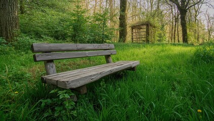 Old wooden bench surrounded by lush grass in a forest setting, suitable for nature appreciation