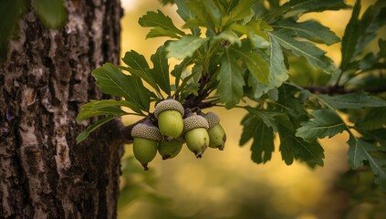 Obraz premium Close-up of young green acorns on an oak branch, showcasing seasonal growth