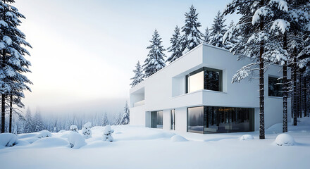 Modern white house nestled in a snowy forest, featuring large windows and a minimalist design, surrounded by snowcovered pine trees and a serene winter landscape