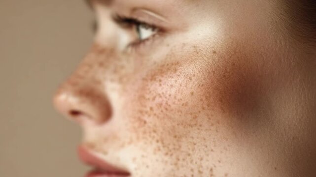 Close-up of a freckled woman's face gazing to the left.