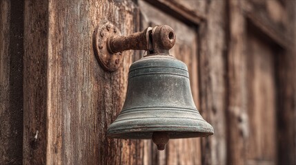 Obraz premium Vintage Bell Hanging on Weathered Wooden Wall Captured in Detail, Evoking Nostalgia and Rustic Charm for Home Décor or Historical Themes