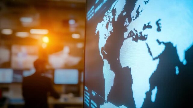World Map Display in Control Room: A digital world map illuminates, reflecting a dynamic environment of global data and connectivity. - Powered by Adobe