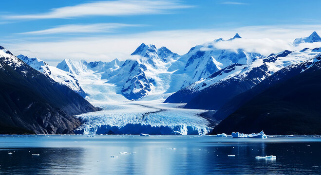 Majestic glacier flowing from snowcapped mountains into a calm, blue body of water under a partly cloudy sky